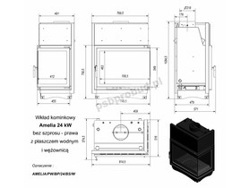 Wkład kominkowy Amelia 24 kW z płaszczem wodnym , boczna szyba (łączona bez szprosa) z wężownicą