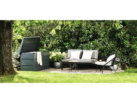 Hormann Juno duża metalowa skrzynia ogrodowa balkonowa tarasowa zamykana schowek szare aluminium RAL 9007